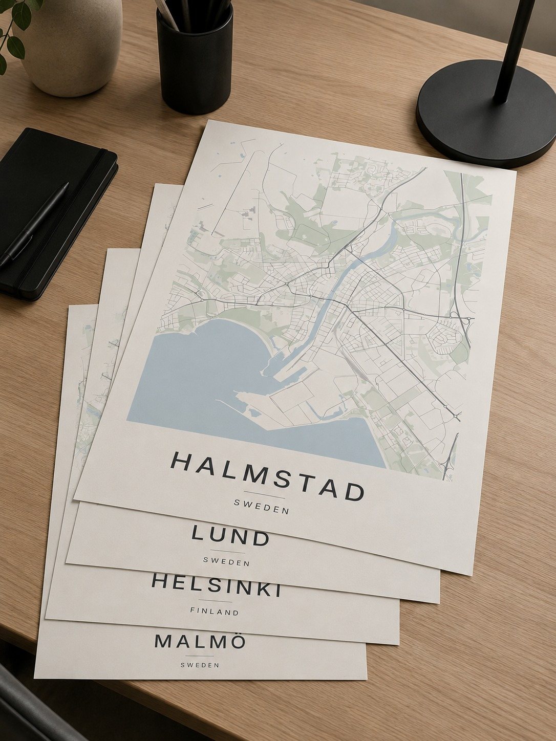 Halmstad map print framed on a wall