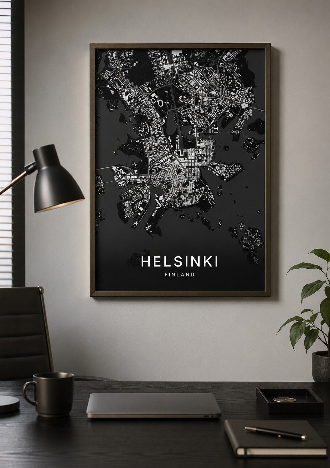 Helsinki map print framed on a wall