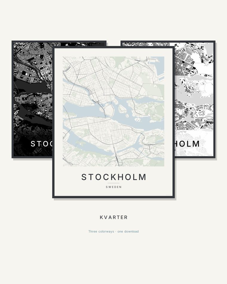 Framed KVARTER Stockholm map prints in three colorways on a wall