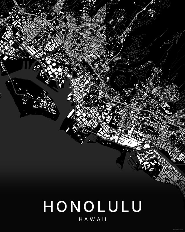 Honolulu map print, Dark colorway