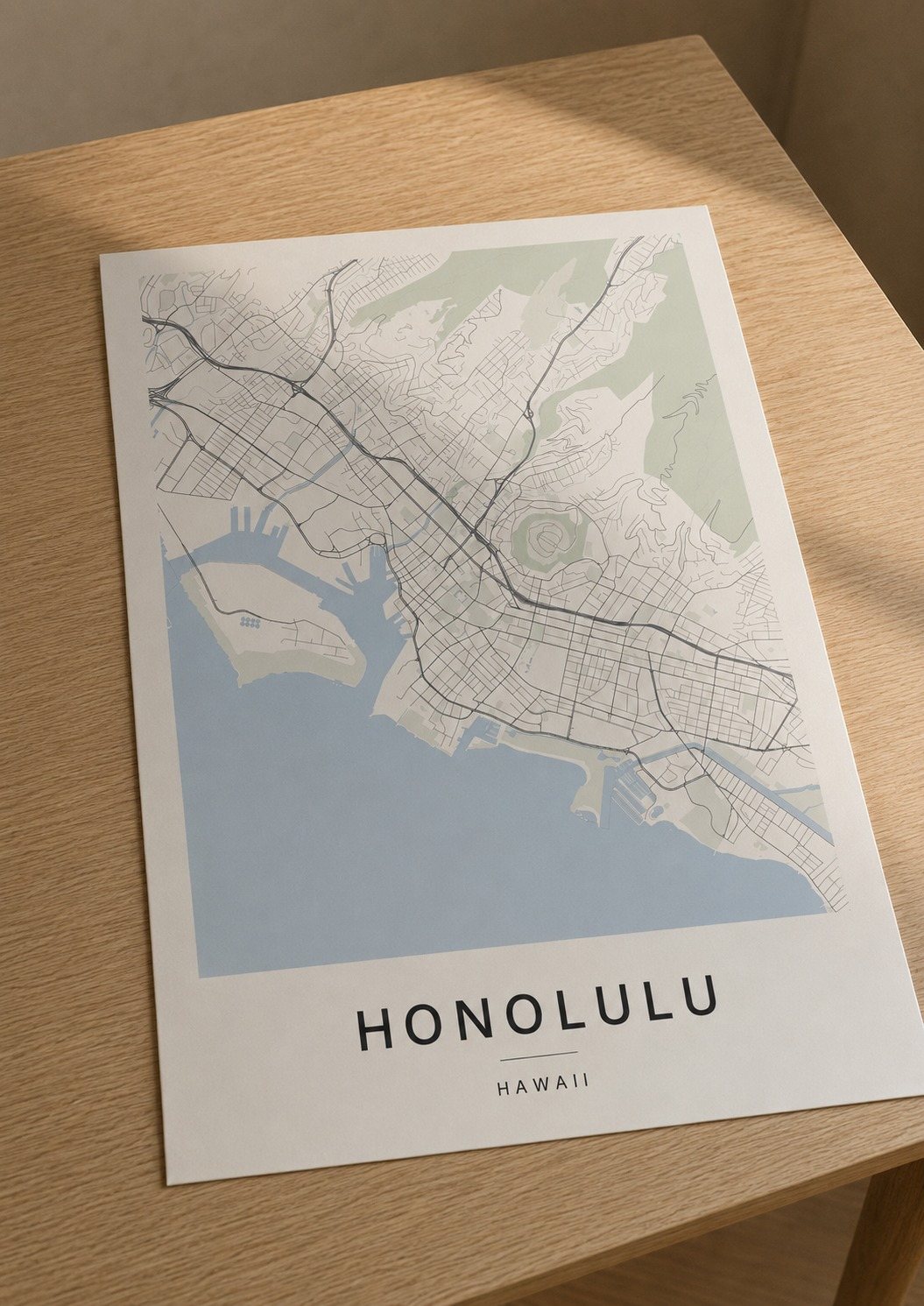 Honolulu map print framed on a wall