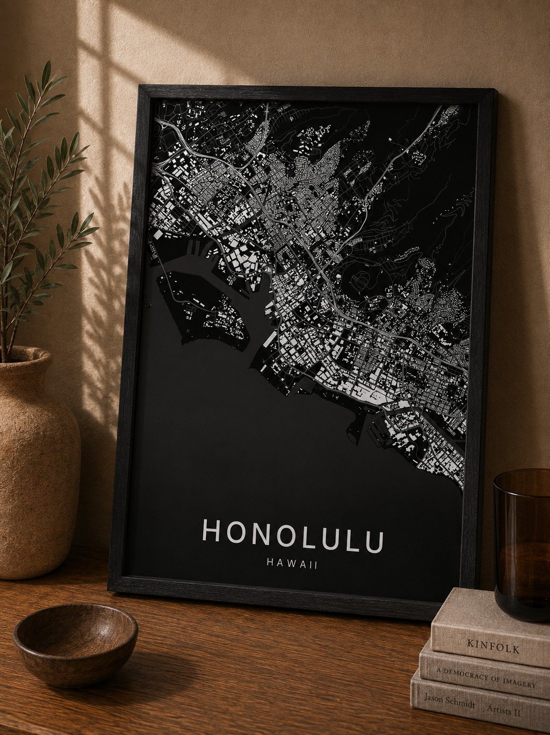 Honolulu map print framed on a wall
