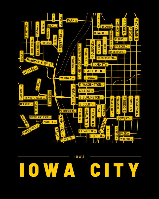 Iowa City street map print, Accent colorway