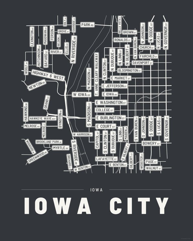 Iowa City street map print, Ink colorway