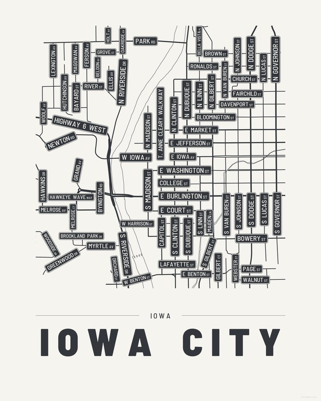 Iowa City street map print, Paper colorway