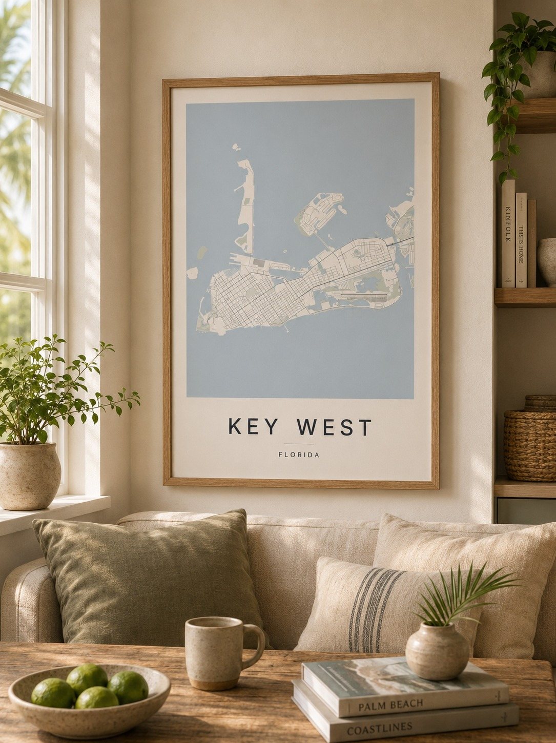 Key west map print framed on a wall