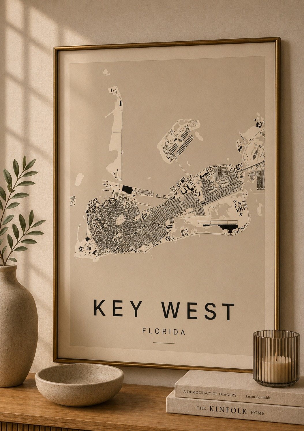 Key west map print framed on a wall