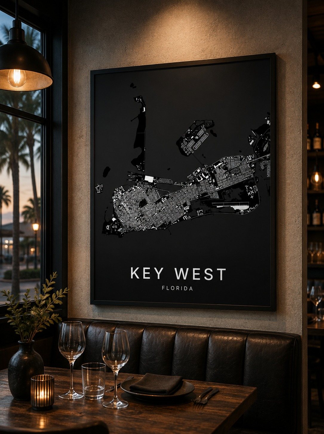Key west map print framed on a wall