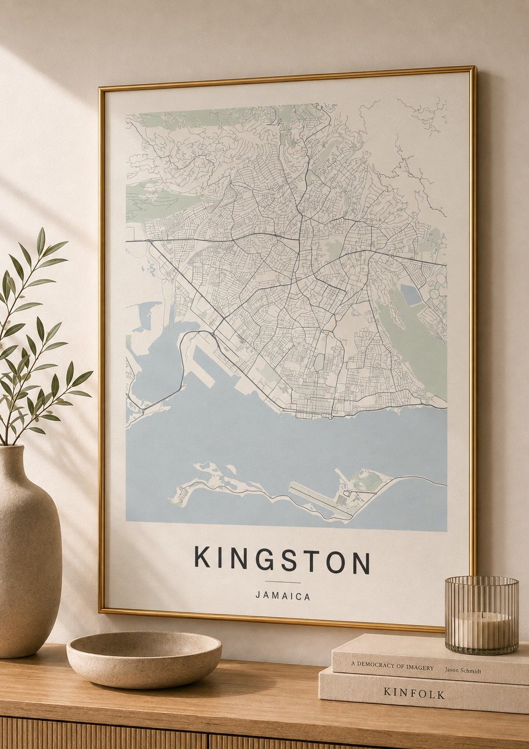 Kingston map print framed on a wall