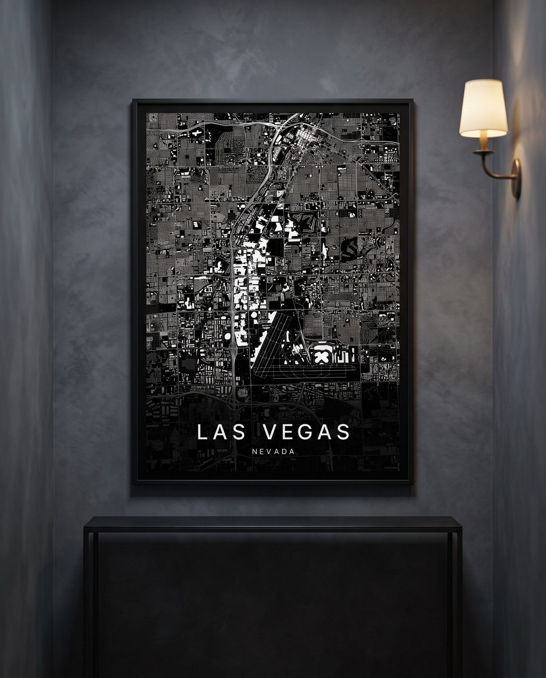 Las Vegas map print framed on a wall