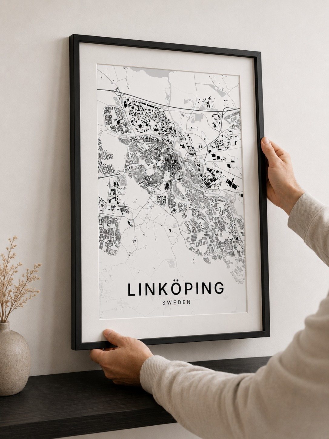 Linköping map print framed on a wall