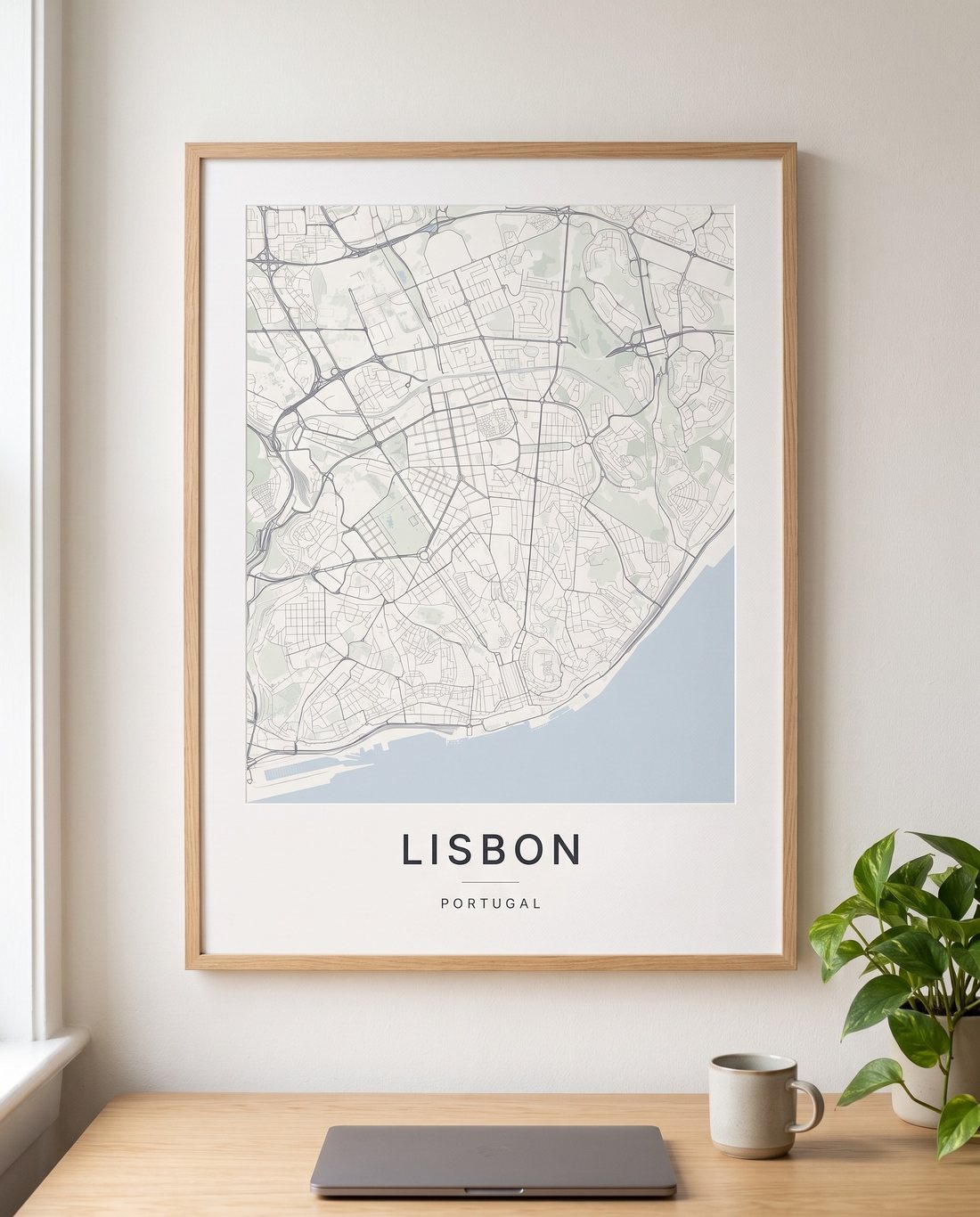 Lisbon map print framed on a wall