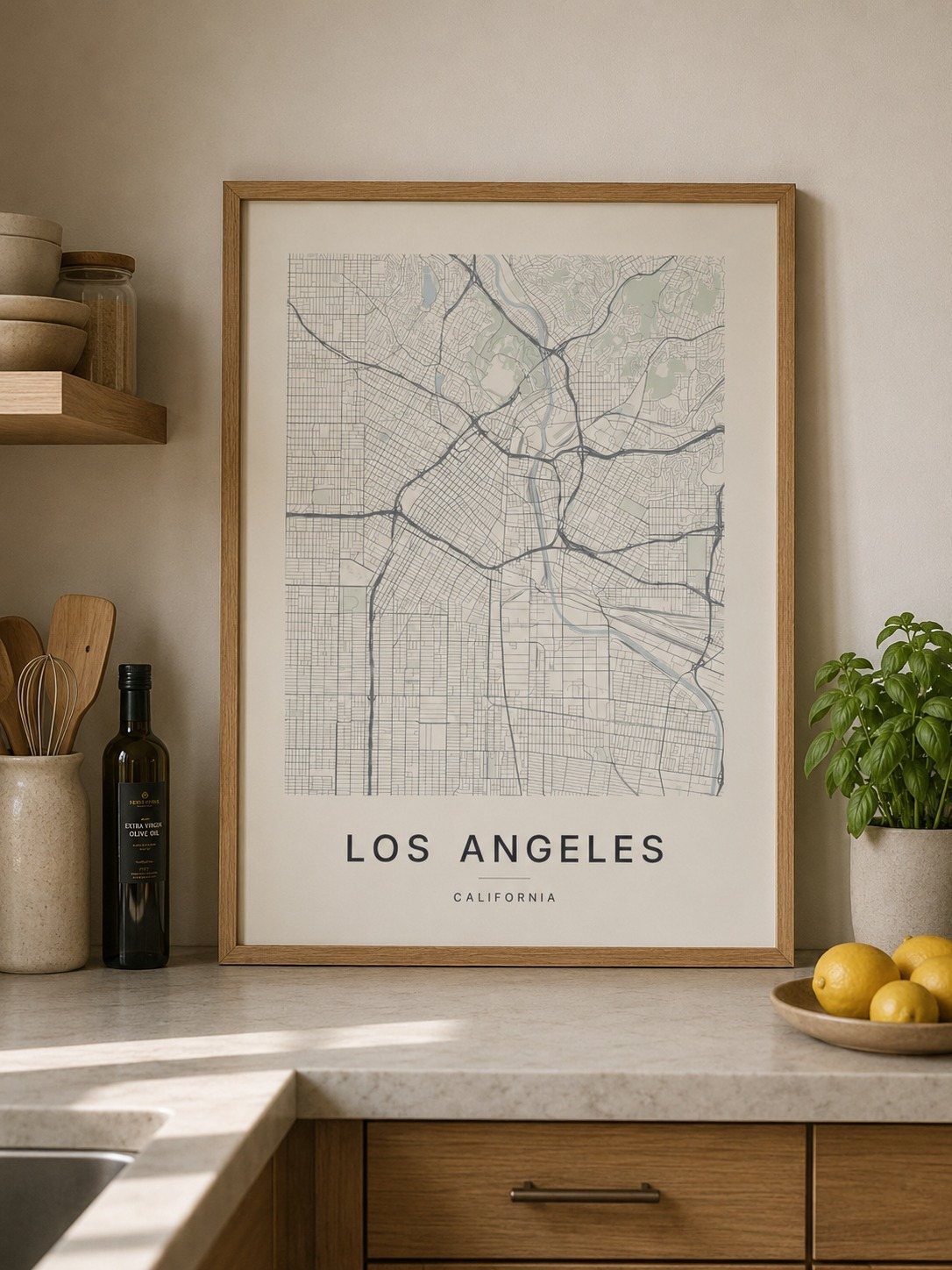 Los Angeles map print framed on a wall