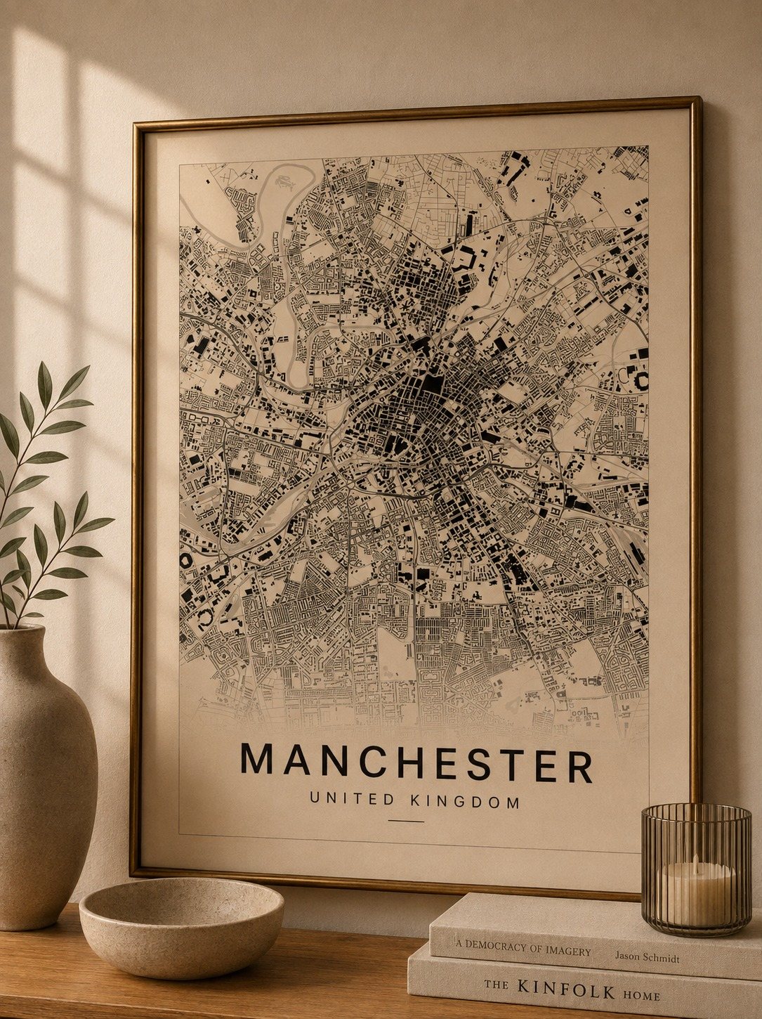 Manchester map print framed on a wall