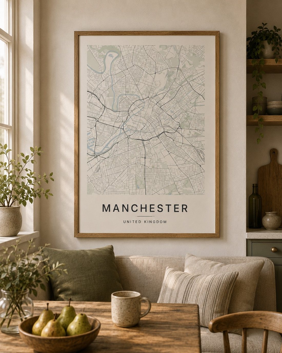 Manchester map print framed on a wall