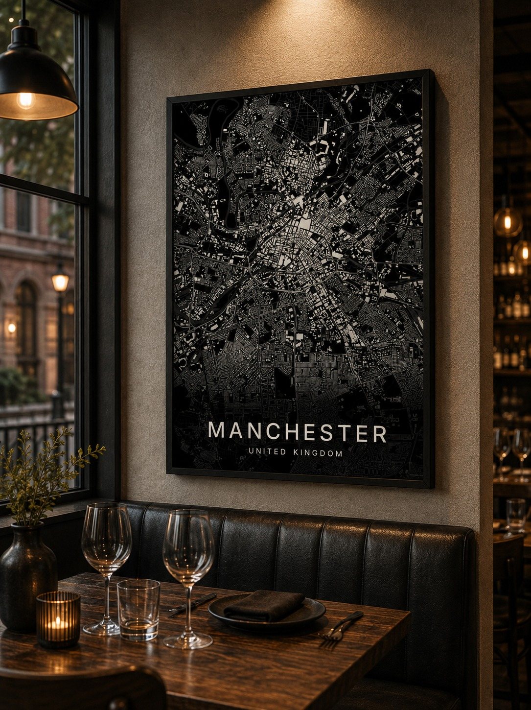 Manchester map print framed on a wall