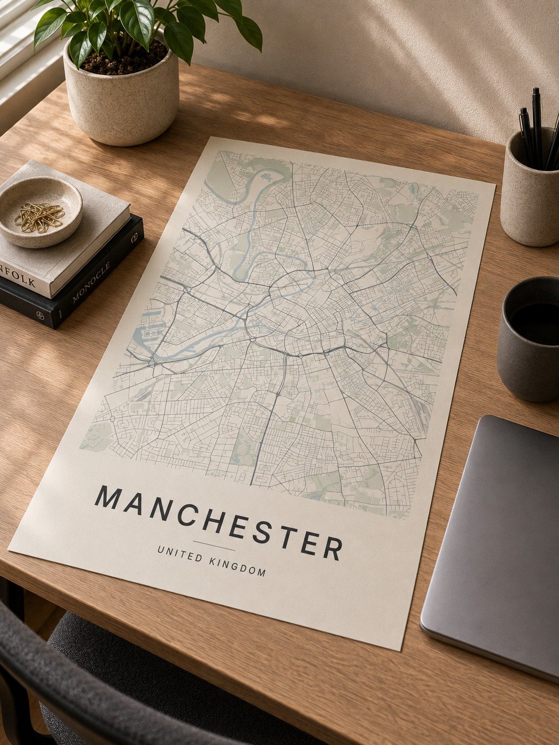 Manchester map print framed on a wall