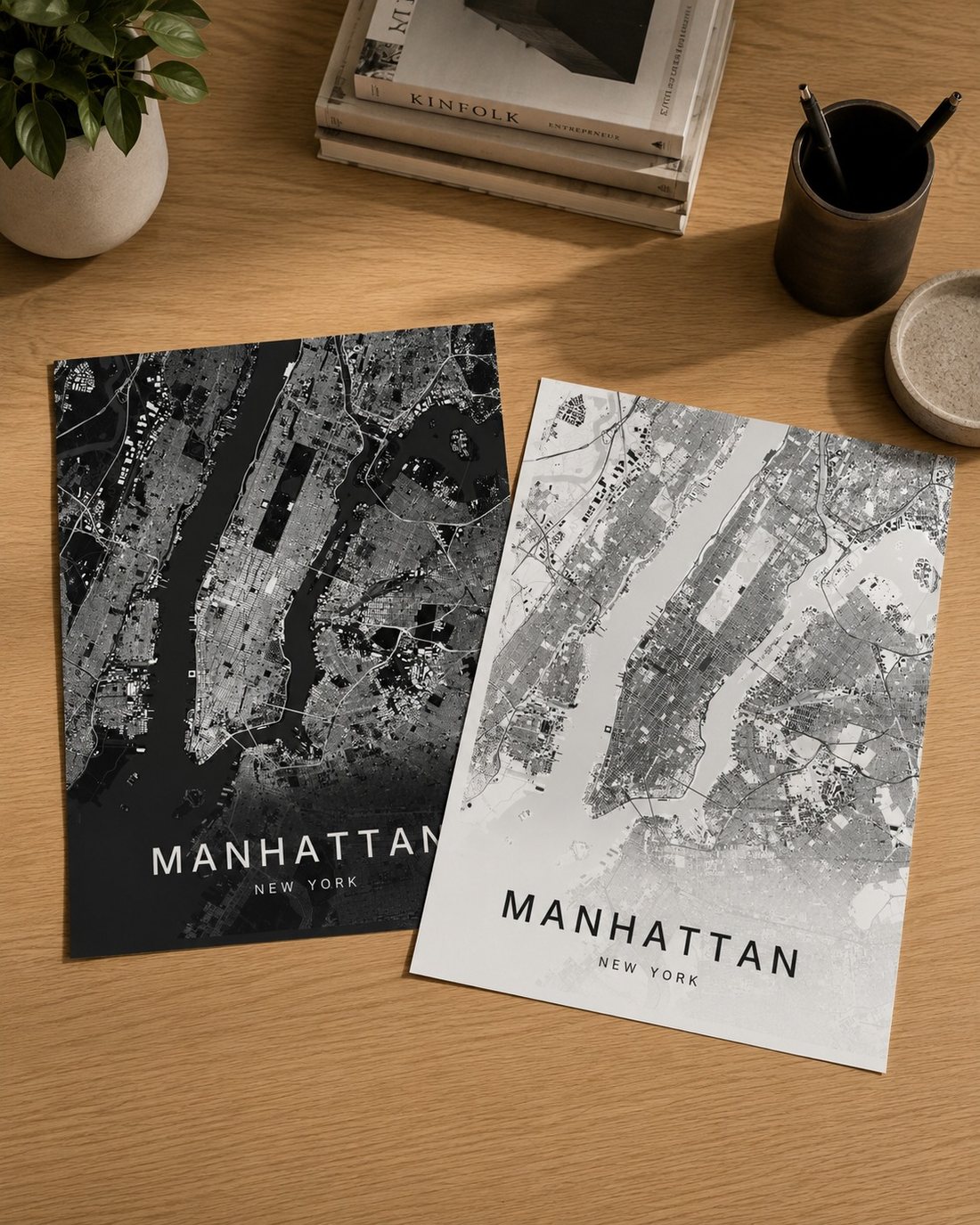 Manhattan map print framed on a wall