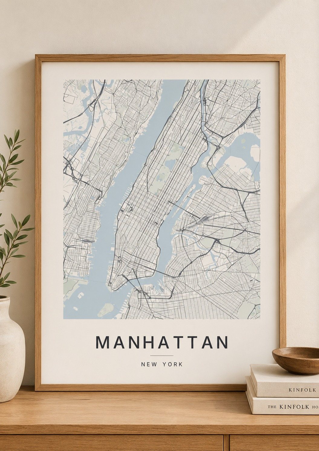 Manhattan map print framed on a wall