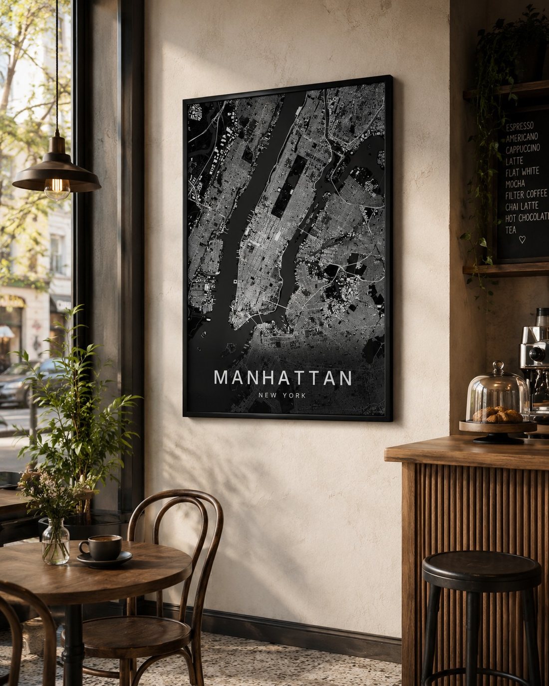Manhattan map print framed on a wall