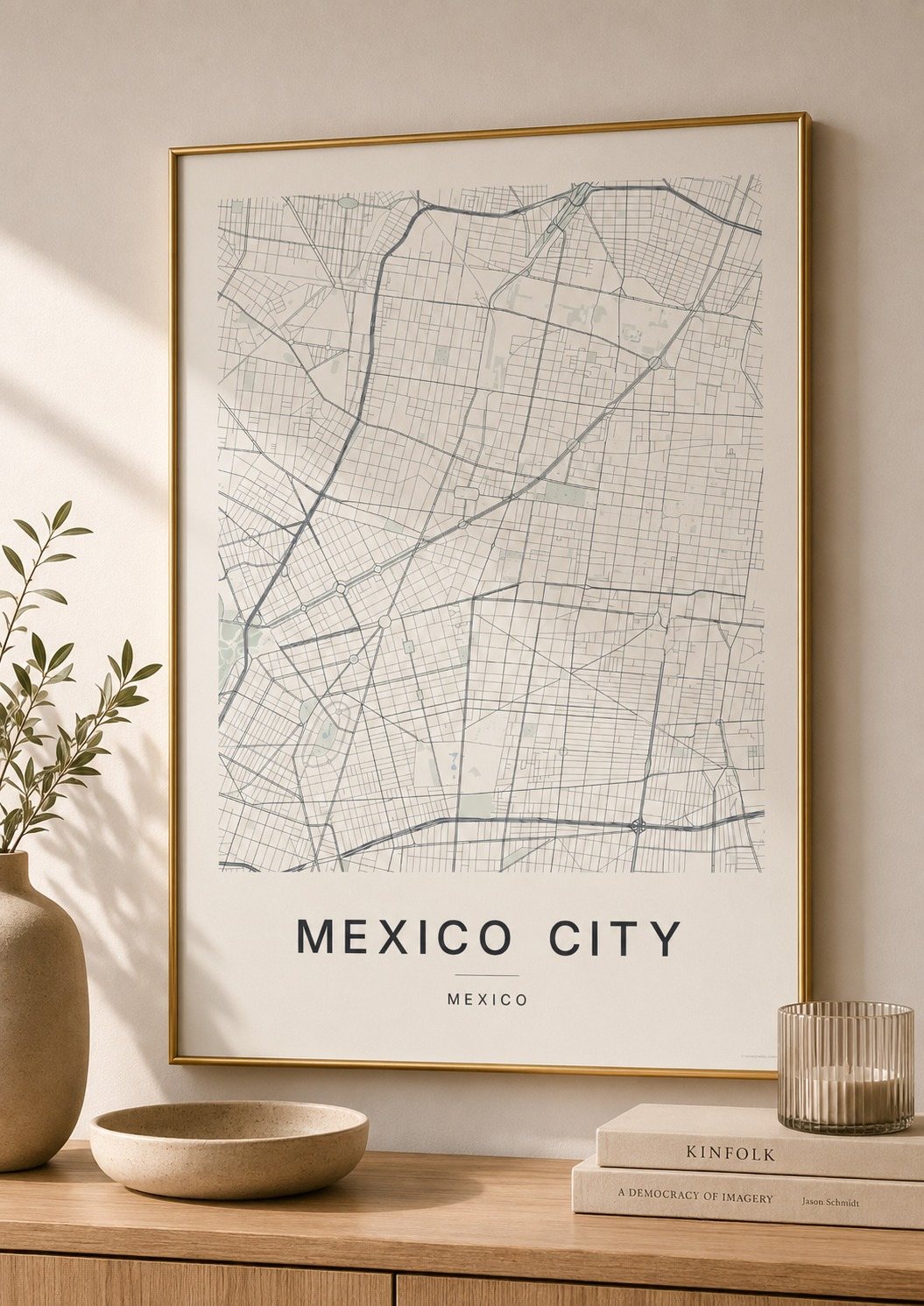 Mexico City map print framed on a wall