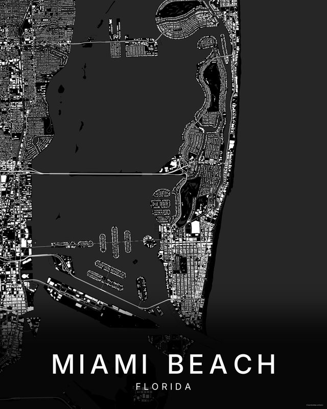 Miami Beach map print, Dark colorway