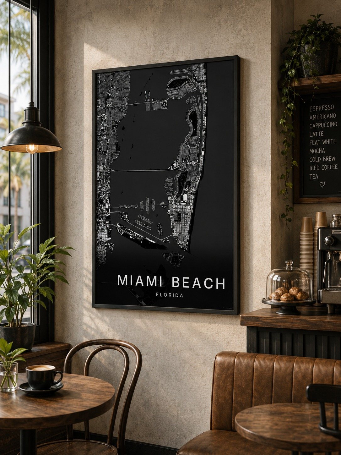 Miami Beach map print framed on a wall