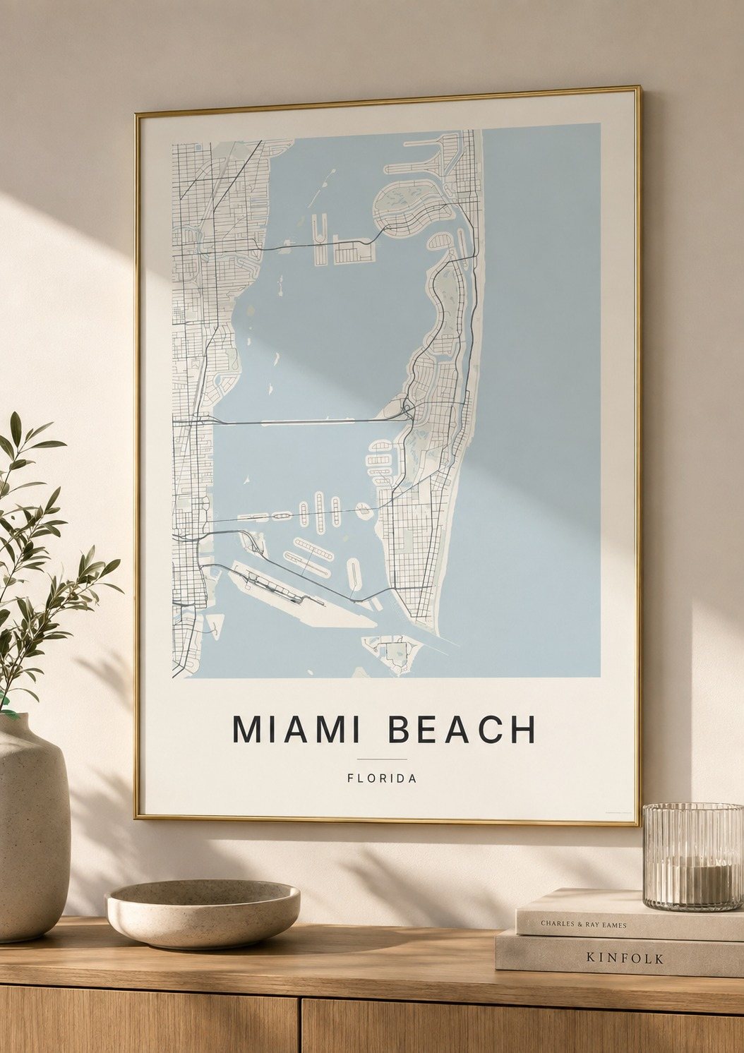 Miami Beach map print framed on a wall