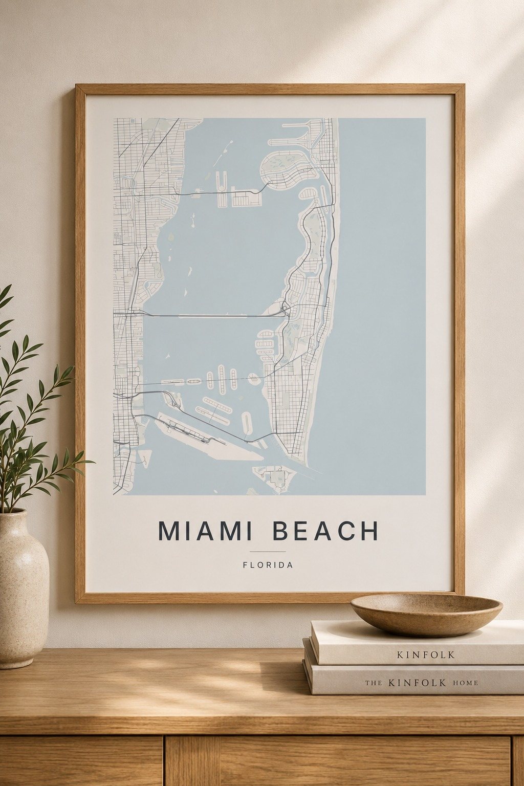 Miami Beach map print framed on a wall