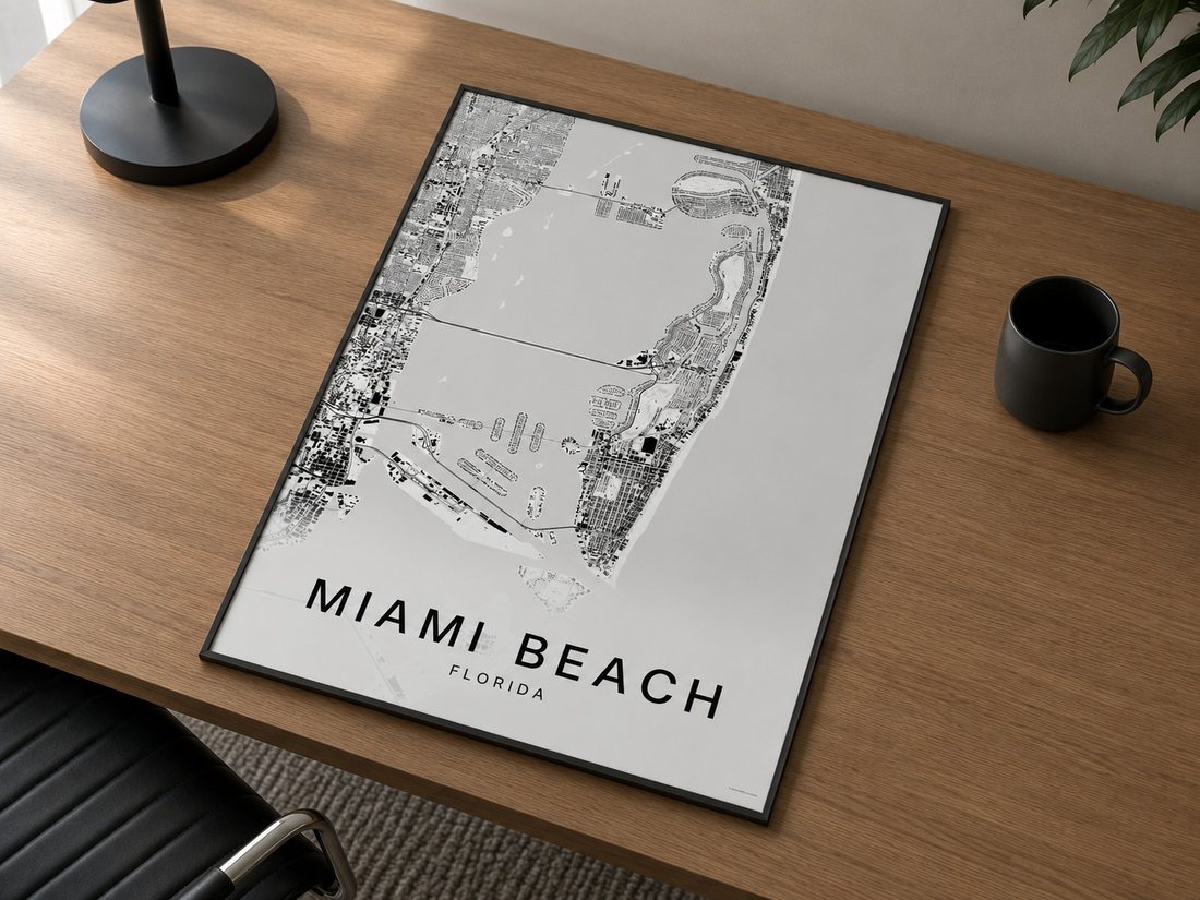 Miami Beach map print framed on a wall