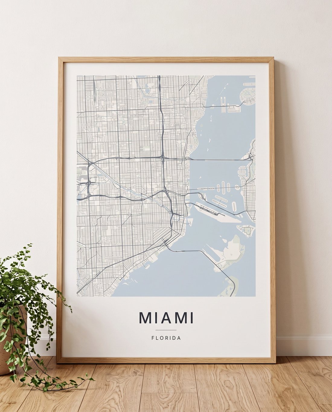 Miami map print framed on a wall