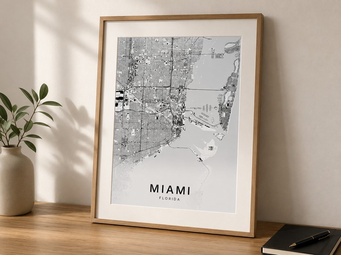 Miami map print framed on a wall