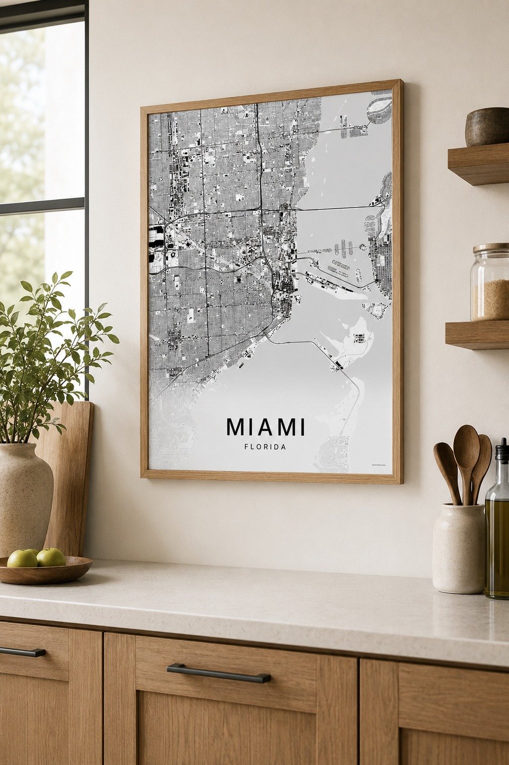 Miami map print framed on a wall