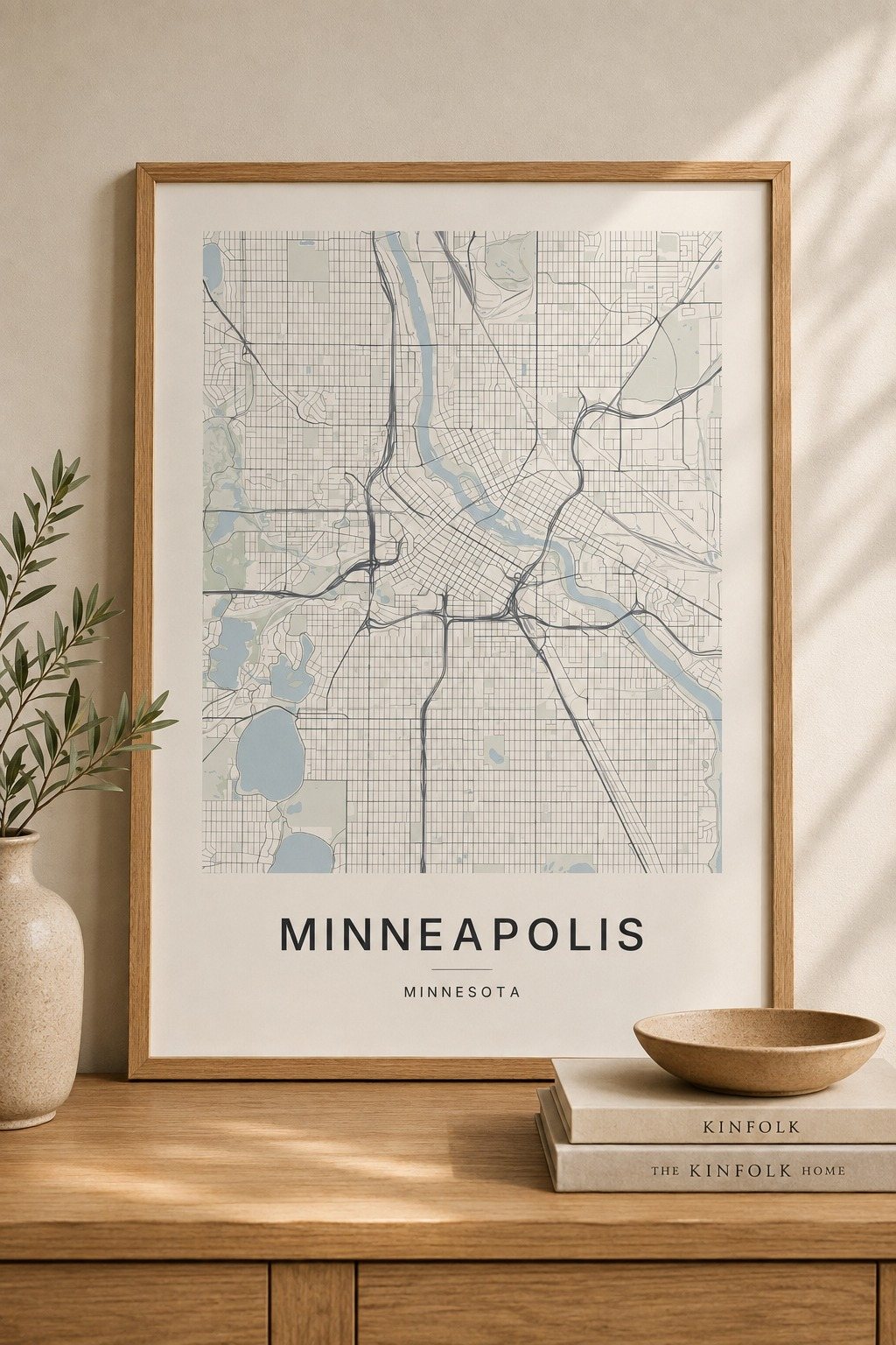 Minneapolis map print framed on a wall