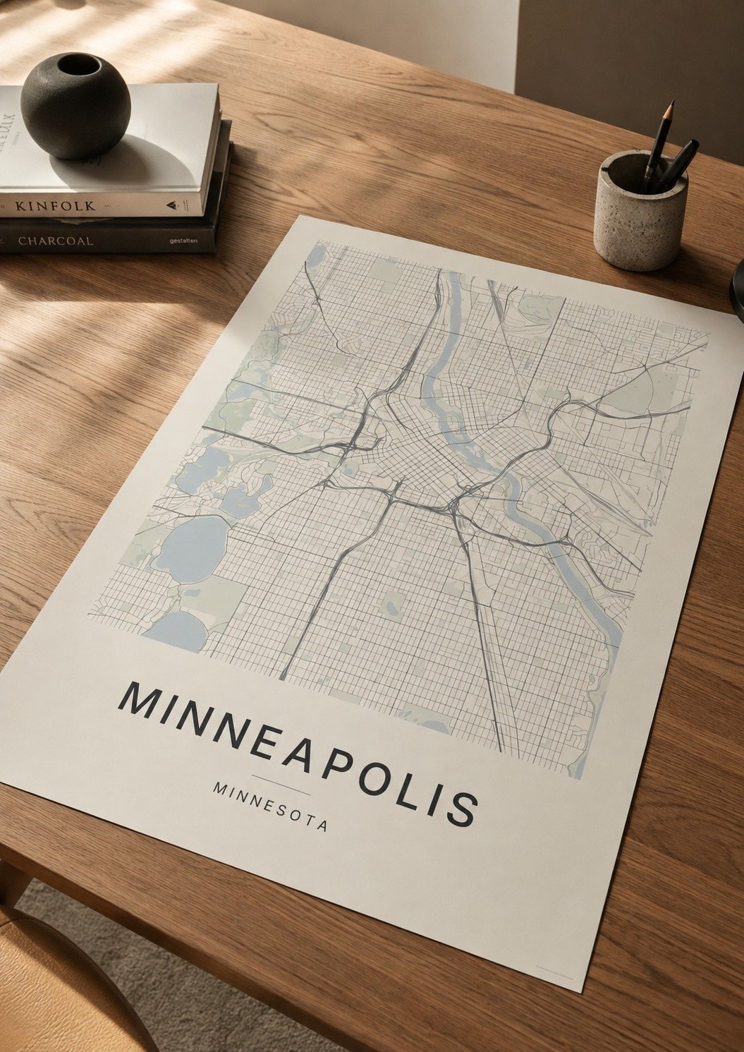 Minneapolis map print framed on a wall