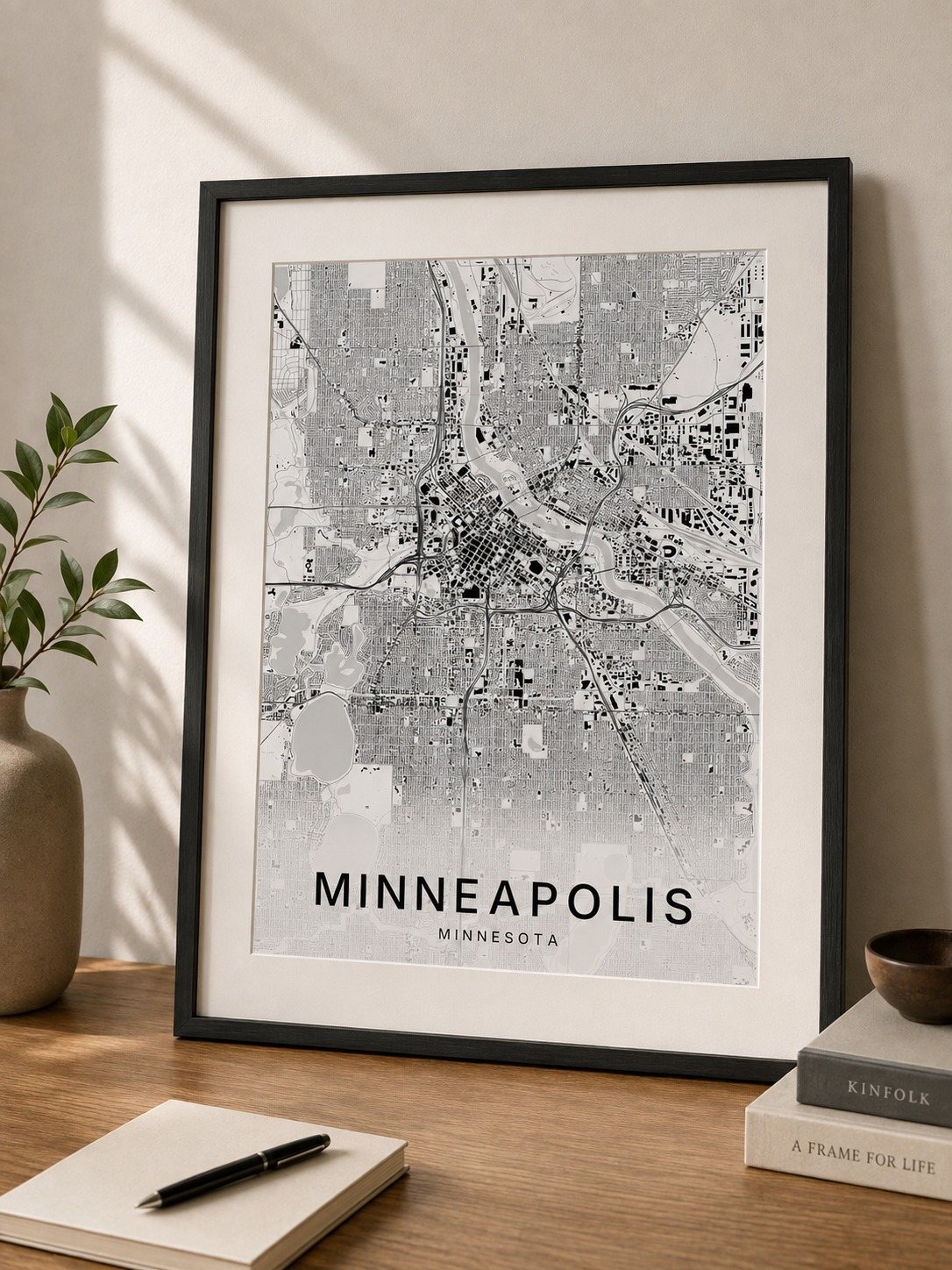 Minneapolis map print framed on a wall