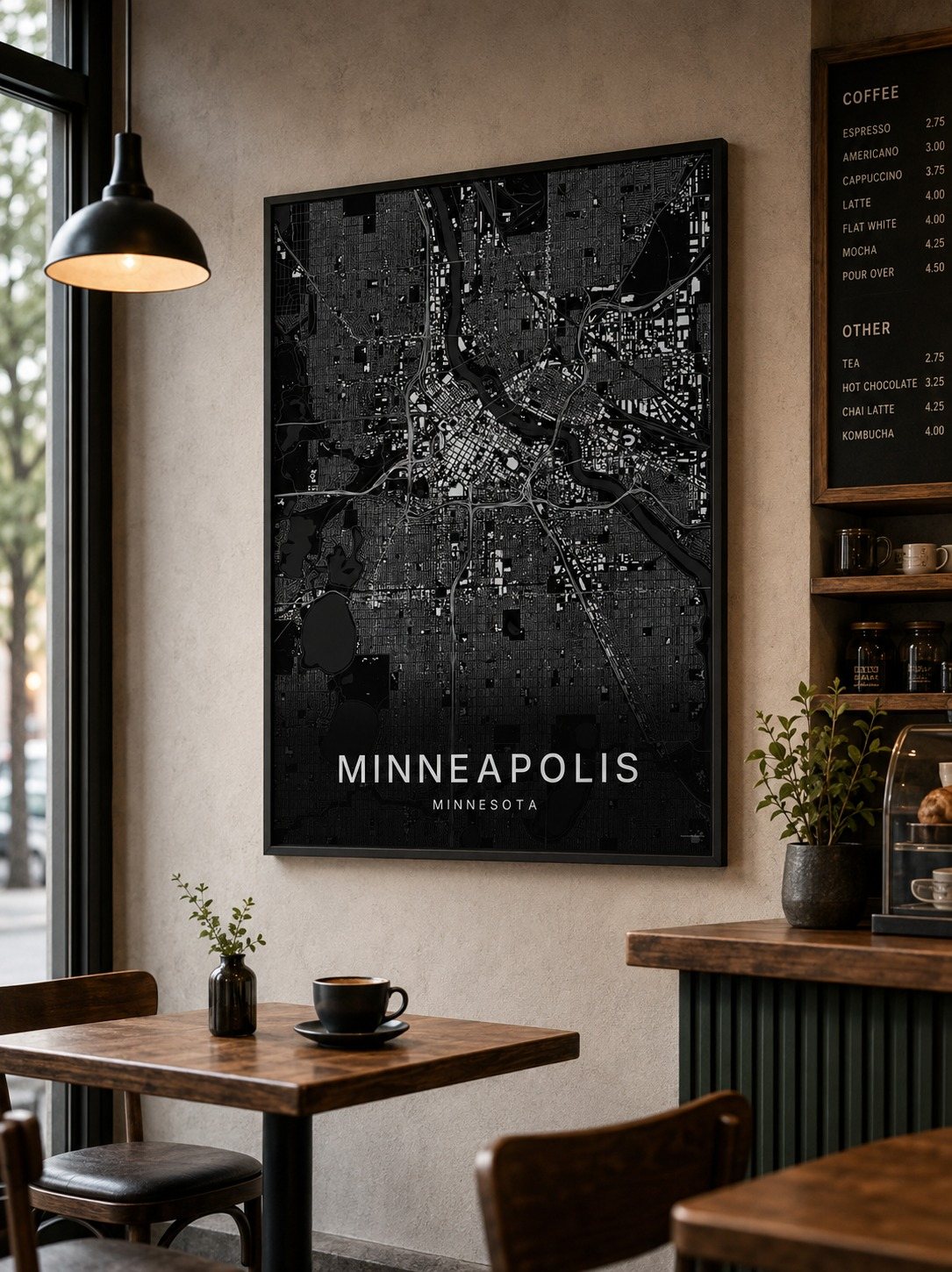 Minneapolis map print framed on a wall