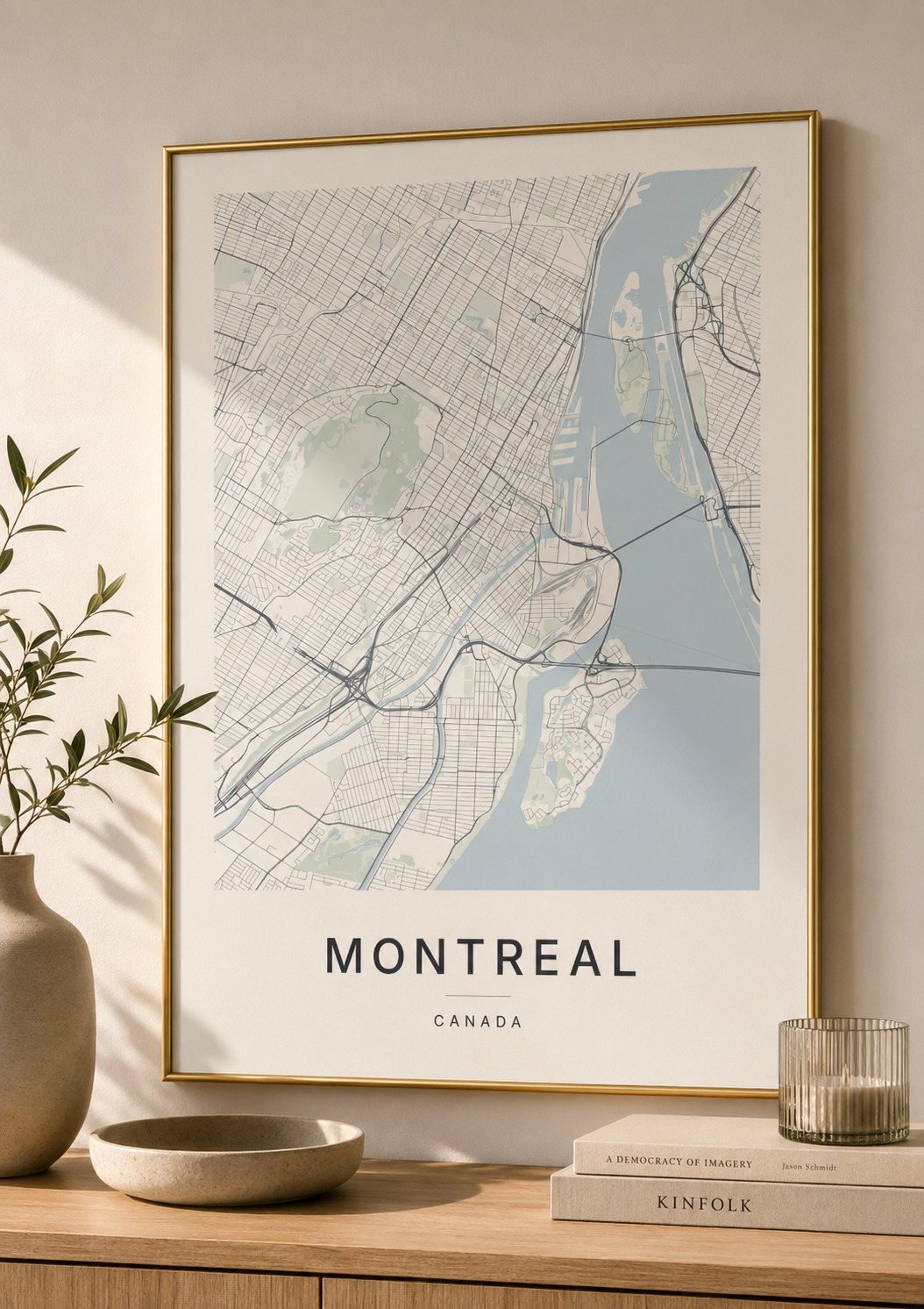 Montreal map print framed on a wall