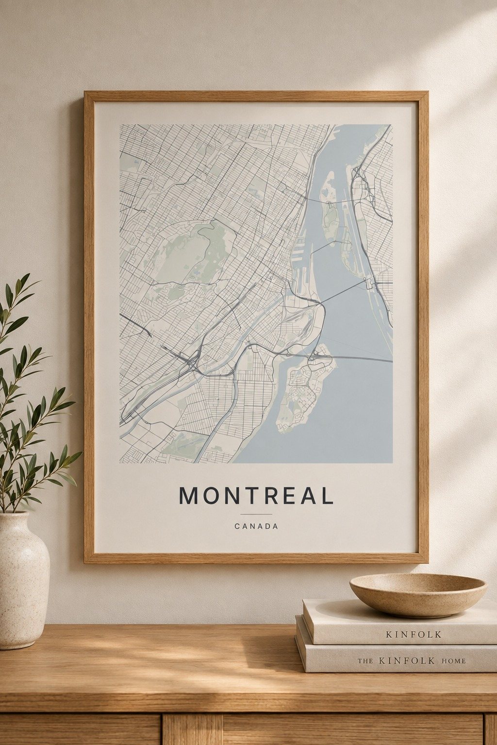 Montreal map print framed on a wall