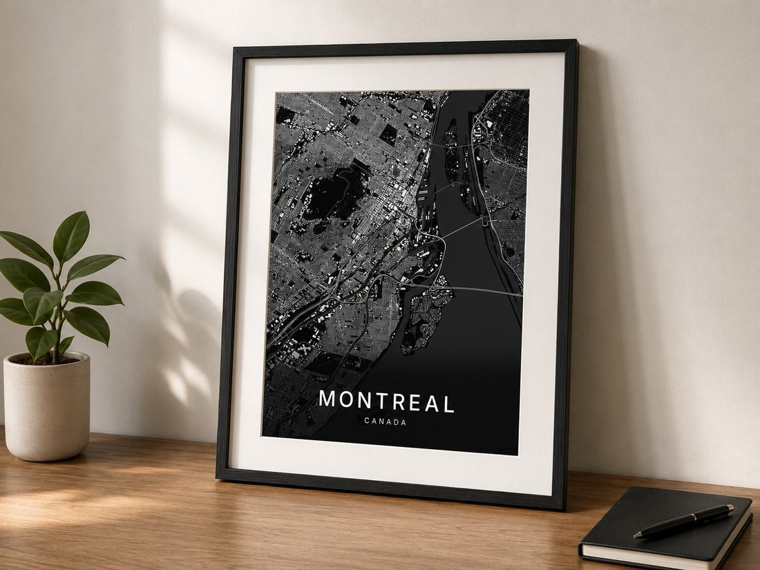 Montreal map print framed on a wall