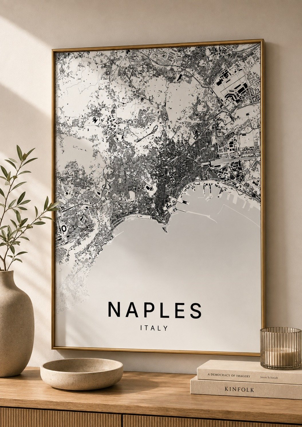 Naples map print framed on a wall