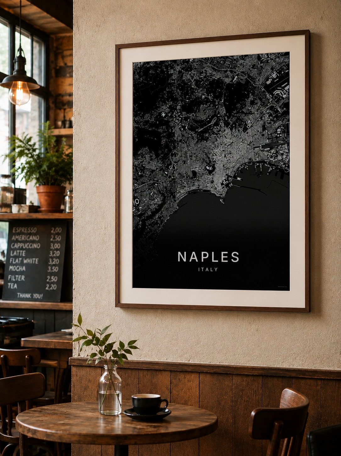 Naples map print framed on a wall