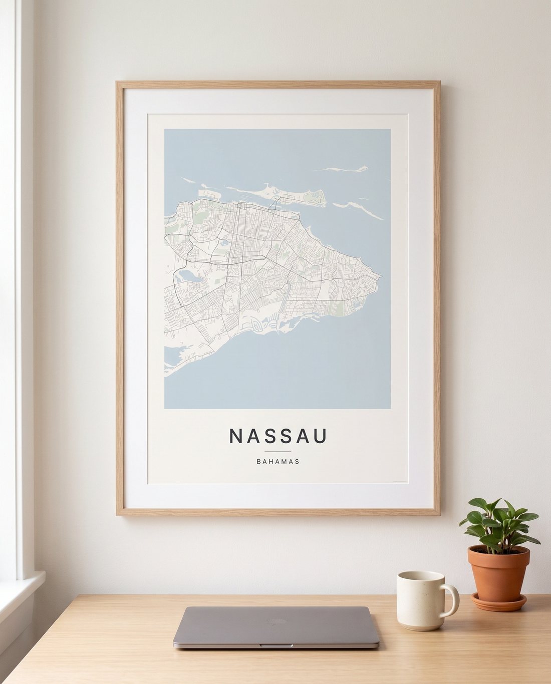 Nassau map print framed on a wall