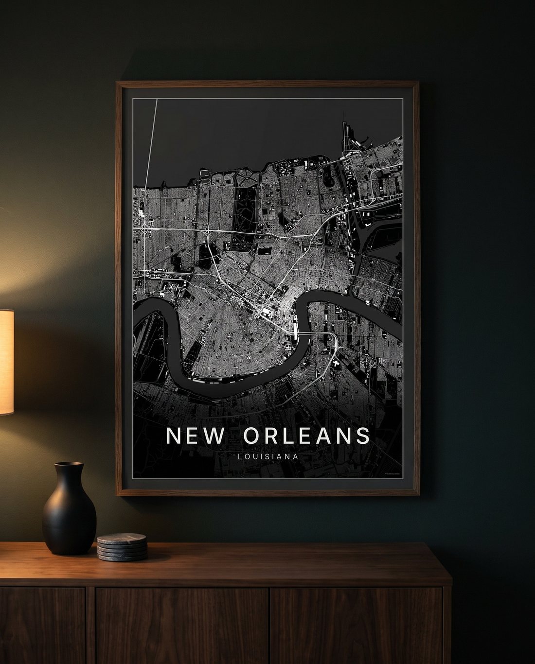 New Orleans map print framed on a wall