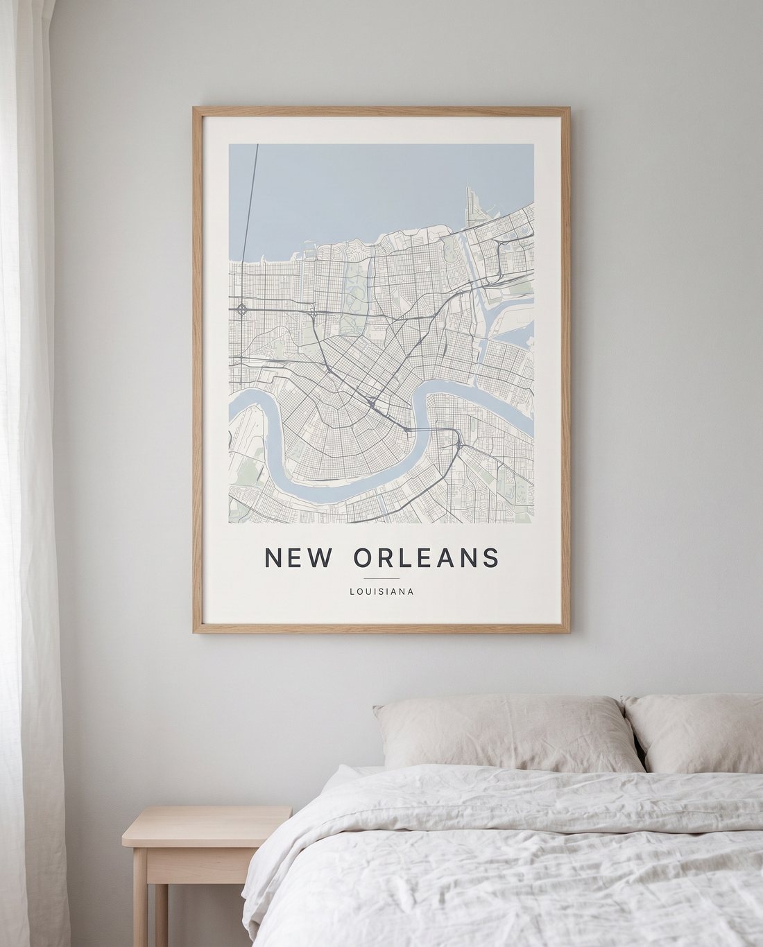 New Orleans map print framed on a wall