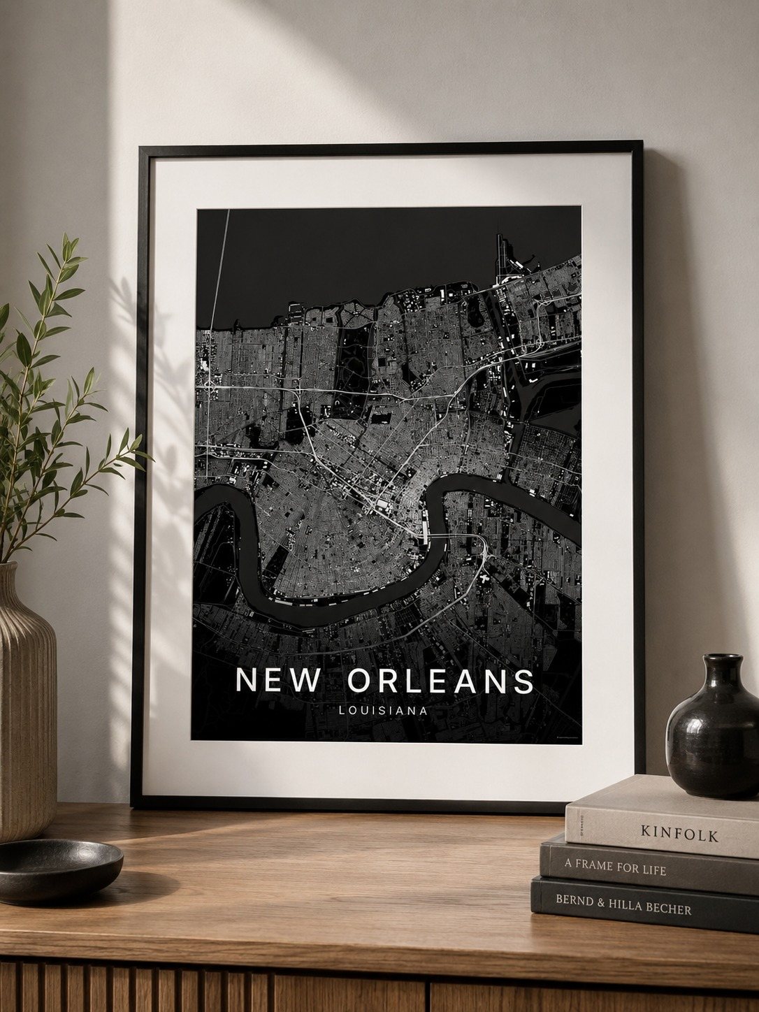New Orleans map print framed on a wall