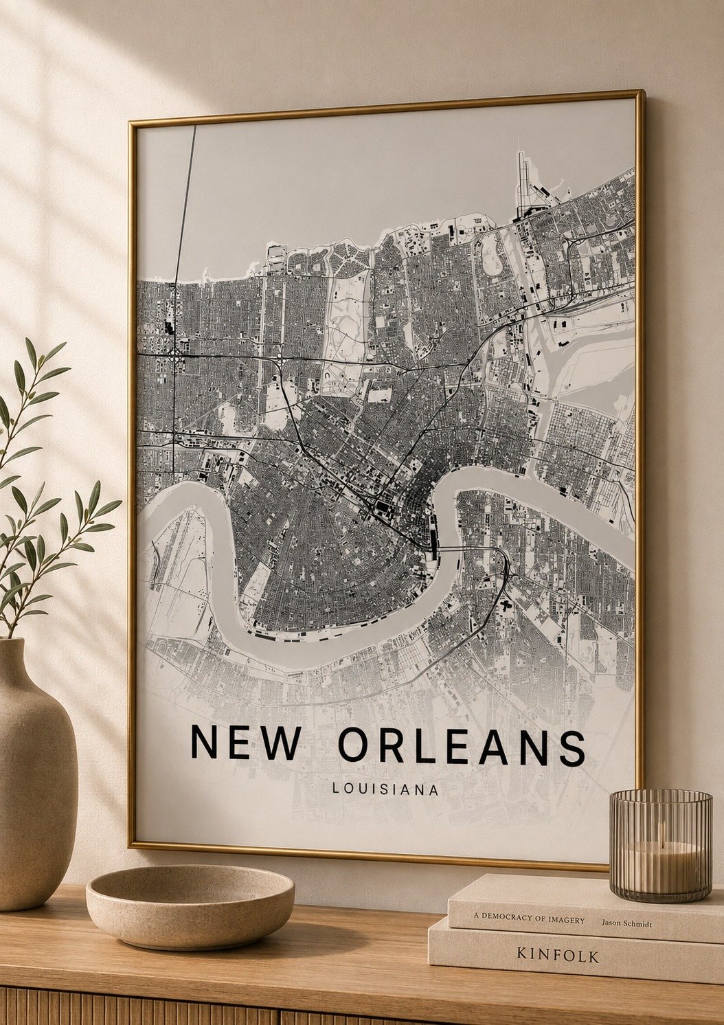 New Orleans map print framed on a wall