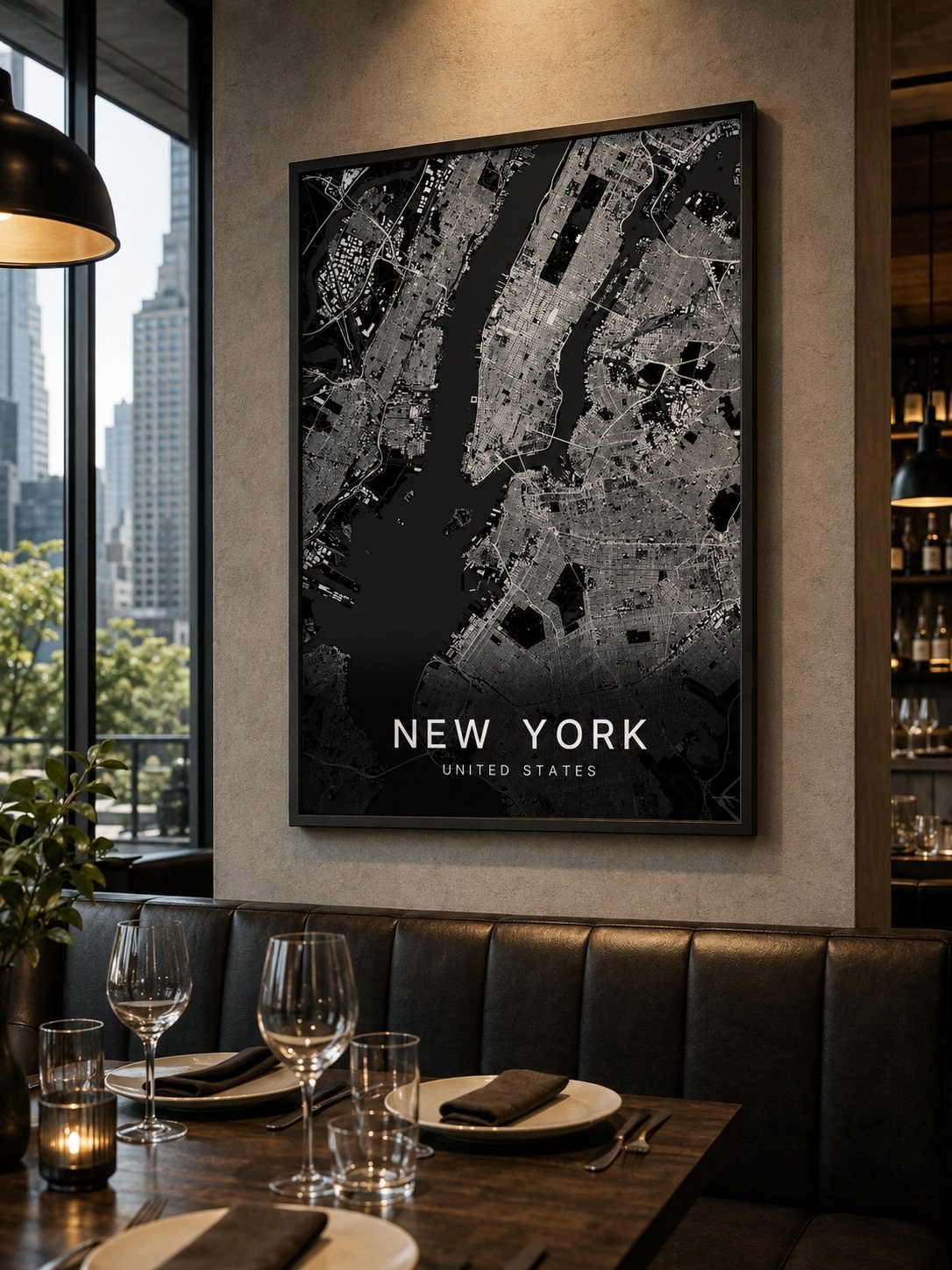 New York map print framed on a wall