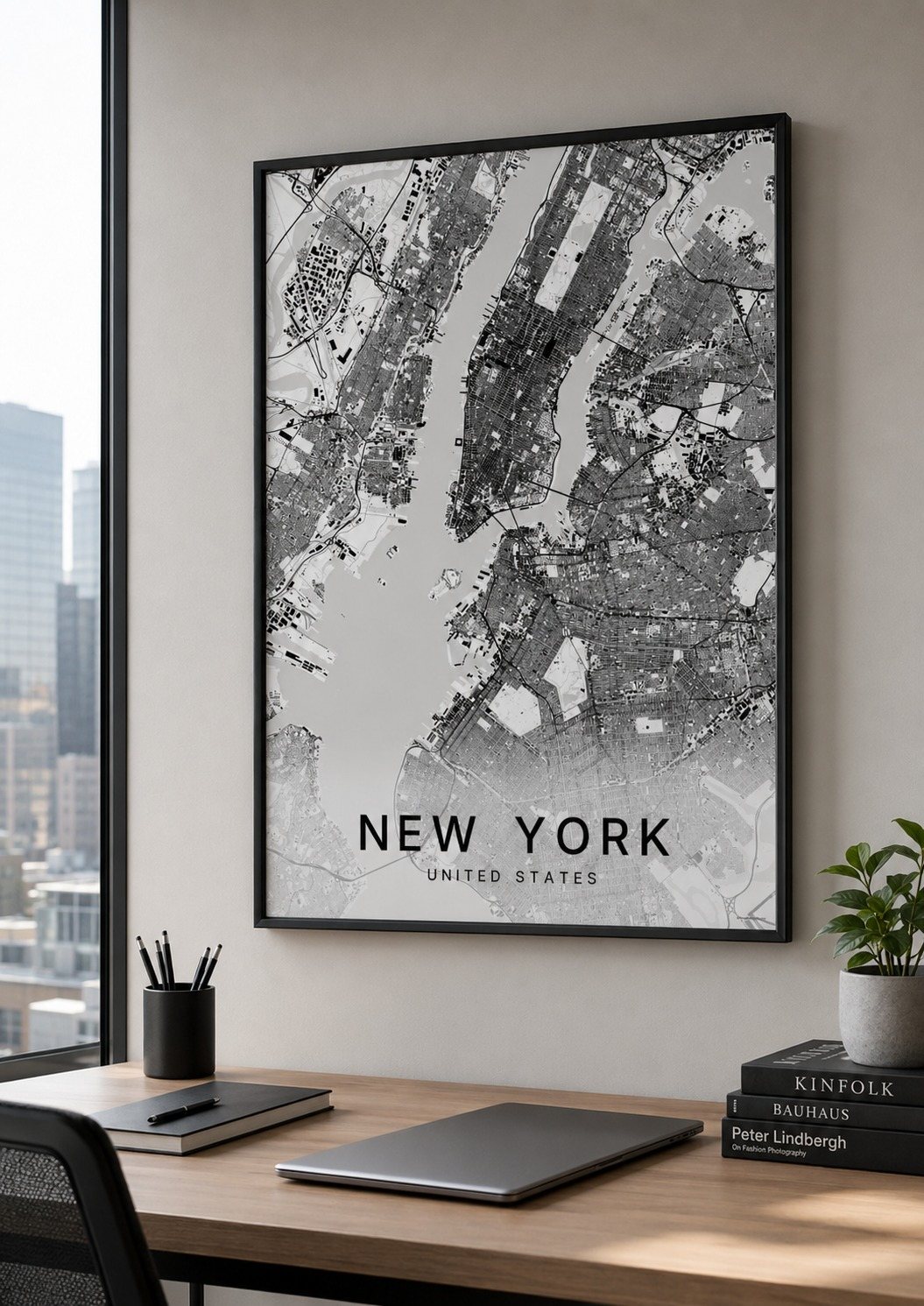 New York map print framed on a wall