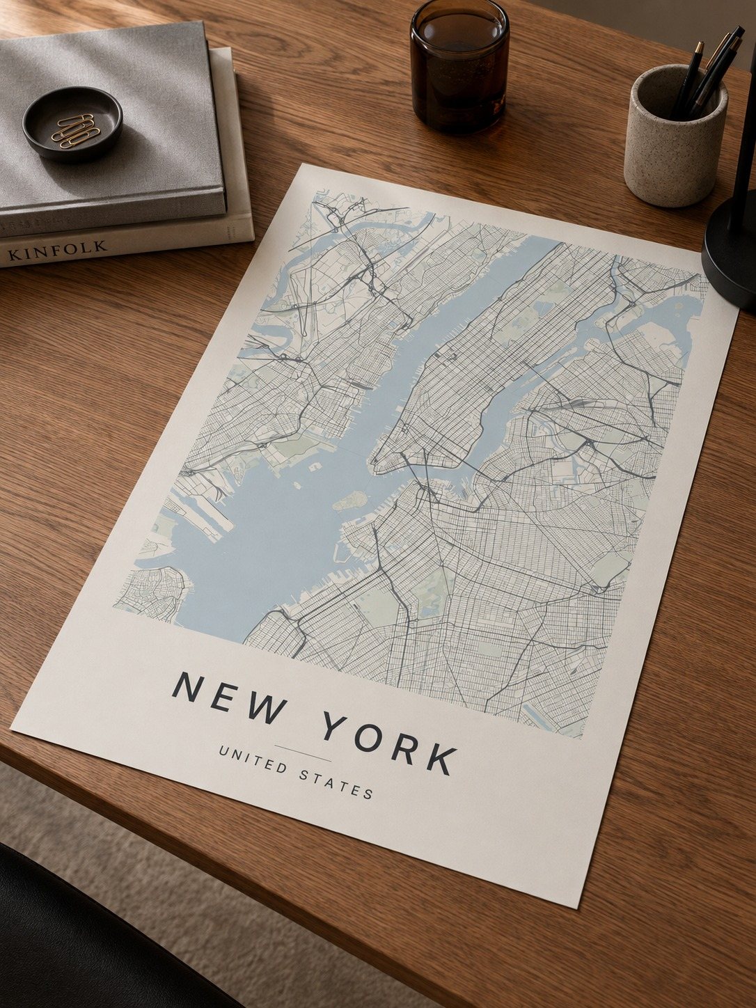 New York map print framed on a wall